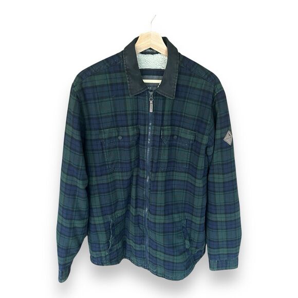 Eddie Bauer Work Jacket Coat  Shacket Green Blue Plaid Sherpa Size Tall Medium - Picture 3 of 14
